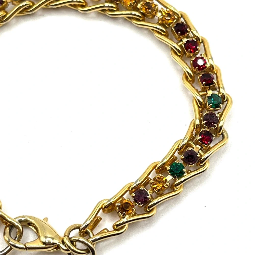 Vintage Rainbow Crystal Rhinestone Multicolor Gold Tone Chain Link Bracelet 6.5